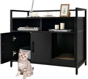 COSTWAY Katzenhaus Möbel-Toilette aus Metall mit offenem Regal und 2 Fächern in Schwarz – Bild 1 von 2