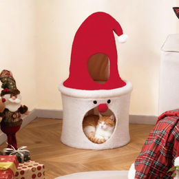 COSTWAY Katzenhöhle Weihnachten mit gepolsterter Liegefläche und Plüschkissen Rot-Weiß 40 x 40 x 75 cm – Bild 1 von 1