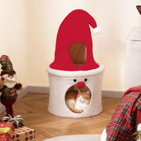 Produktbild von COSTWAY Katzenhöhle Weihnachten mit gepolsterter Liegefläche und Plüschkissen Rot-Weiß 40 x 40 x 75 cm