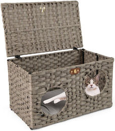 COSTWAY Katzenhöhle aus Weide mit Kissen klappbar für erwachsene Katzen in Grau und Braun – Bild 1 von 5