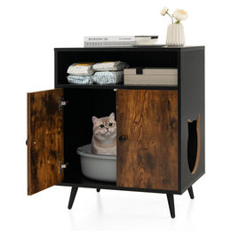 Costway Katzenklo Möbel-Toilette aus Holz mit Doppeltüren und Regal in Braun oder Schwarz – Bild 1 von 6
