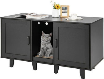 COSTWAY Katzenklo Schrank aus Holz mit 2 Türen und Kratzbrett Schwarz 120 x 52 x 65 cm – Bild 1 von 5