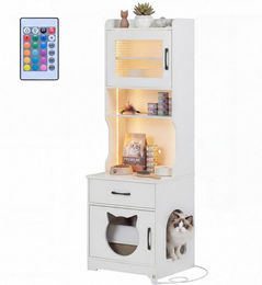 Produktbild von COSTWAY Katzenklo Schrank aus Holz mit Ladestation und LED in Weiß