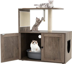 COSTWAY Katzenmöbel Kombination aus Katzentoilette und Katzenhaus mit Kratzmatte aus Sisal – Bild 1 von 5