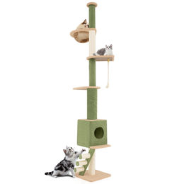 Costway Kratzbaum aus Holz als deckenhoher Katzenbaum höhenverstellbar 218-253 cm Grün – Bild 1 von 4