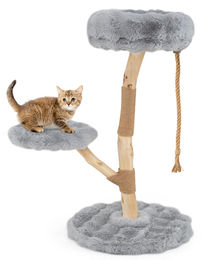 COSTWAY Kratzbaum aus Holz für Katzen mit 3 Plüschsitzflächen und Jute-Kratzpfosten in Grau, 90 cm – Bild 1 von 2
