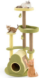 COSTWAY Kratzbaum aus Holz in Avocado-Design mit Katzenhöhle und Spielzeug Grün 124,5cm – Bild 1 von 3