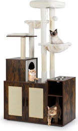 COSTWAY Kratzbaum aus Holz in Braun mit Katzenklo Schrank, Sisalpfosten, 2 Hängematten, 2 Kratzmatten, Höhle und 2 Futternäpfen – Bild 1 von 1