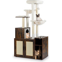 Produktbild von COSTWAY Kratzbaum aus Holz in Braun mit Katzenklo Schrank, Sisalpfosten, 2 Hängematten, 2 Kratzmatten, Höhle und 2 Futternäpfen