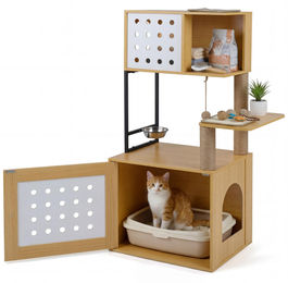 COSTWAY Kratzbaum aus Holz mit Katzenklo Schrank, Katzenhaus mit Futterstation, Sisalpfosten und Kratzmatten – Bild 1 von 1