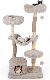 COSTWAY Kratzbaum aus Massivholz für Katzen mit Höhle, Hängematte und 3 Plattformen, 147 cm, Beige – Bild 1 von 2