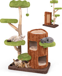 COSTWAY Kratzbaum aus Massivholz für Katzen mit Katzenhöhle und Jutesäule Braun Grün 80x50x141cm – Bild 1 von 4