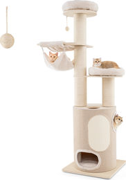 COSTWAY Kratzbaum aus Naturholz mit 2-stöckiger Kratztonne, 2 Hängematten, abnehmbarem Bett, Sisalbrett und Spielball für Katzen 187cm – Bild 1 von 1