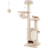 Produktbild von COSTWAY Kratzbaum aus Naturholz mit 2-stöckiger Kratztonne, 2 Hängematten, abnehmbarem Bett, Sisalbrett und Spielball für Katzen 187cm