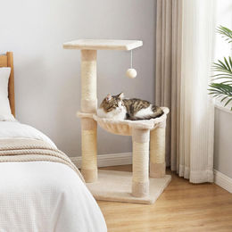 COSTWAY Kratzbaum für Katzen aus Holz mit Hängematte und Kratzsäulen Beige 40x40x64cm – Bild 1 von 1