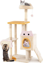 COSTWAY Kratzbaum für Katzen aus Holz mit Plüschsitz, fischförmigem Kratzbrett, Höhle, Ball, Rampe und Sisal-Kratzsäulen in Beige – Bild 1 von 1