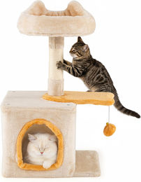 COSTWAY Kratzbaum für Katzen aus Holz mit Plüschsitz, fischförmiger Plattform, Höhle und Sisal-Kratzsäulen in Beige – Bild 1 von 2