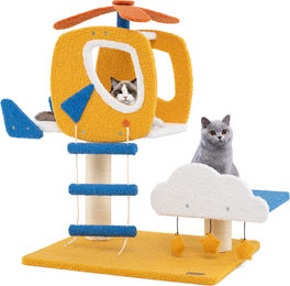 COSTWAY Kratzbaum für Katzen im Hubschrauber-Design mit Wolken-Plattform, Sisal-Kratzsäulen und Leiter in Gelb, 76cm – Bild 1 von 1