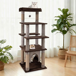 COSTWAY Kratzbaum für Katzen in Braun mit Höhle, Liegebett und Plattformen, 148 cm hoch – Bild 1 von 6