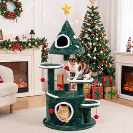 COSTWAY Kratzbaum für Katzen mit 2 Katzenhöhlen, 3 Plattformen und Sisal-Kratzstamm sowie 6 Spielbällen 127cm – Bild 1 von 1