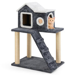 COSTWAY Kratzbaum für Katzen mit großer Höhle, Leiter und Sisalstämmen in Grau – Bild 1 von 1