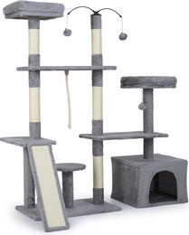 COSTWAY Kratzbaum für Katzen mit Katzenhöhle, Rampe, 2 Liegeflächen und Sisalsäulen in Hellgrau – Bild 1 von 1