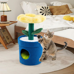 COSTWAY Kratzbaum für Katzen mit Katzenhöhle und Blumen-Plattform Blau Gelb 72cm – Bild 1 von 1