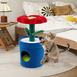COSTWAY Kratzbaum für Katzen mit Katzenhöhle und Blumen-Plattform in Blau und Rot – Bild 1 von 1