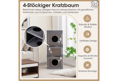 COSTWAY Kratzbaum für Katzen aus Holz mit 3 Katzenhöhlen und Kratzbrett in Grau und Natur – Bild 1 von 4