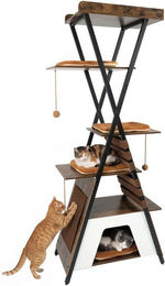 COSTWAY Kratzbaum für Katzen aus Holz mit 4 Plattformen und Katzenhaus in Braun, 185 cm – Bild 1 von 5