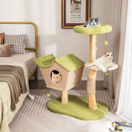 Costway Kratzbaum für Katzen aus Holz mit Sisal und Katzenhaus in Grün und Natur 110cm – Bild 1 von 13