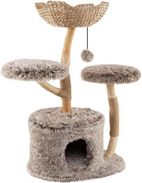 COSTWAY Kratzbaum für Katzen aus Massivholz mit Plüschsitz und Katzenhöhle in Grau und Natur, 105cm hoch – Bild 1 von 5
