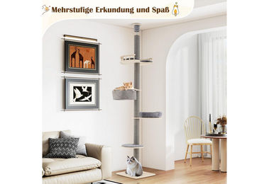 COSTWAY Kratzbaum für Katzen deckenhoch mit Deckenspanner aus Plüsch in Grau – Bild 1 von 3