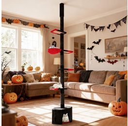 COSTWAY Kratzbaum für Katzen mit Deckenspanner und Sisal in Schwarz-Rot, 245-300 cm – Bild 1 von 3