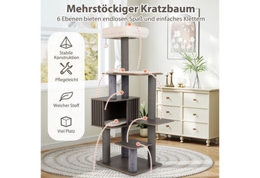 COSTWAY Kratzbaum für Katzen mit Plattformen und Katzenhöhle in Grau, 151 cm hoch – Bild 1 von 4