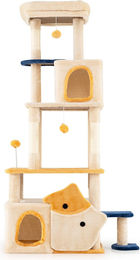 COSTWAY Kratzbaum groß in Fisch-Design mit Plüschsitz, 2 Höhlen und Sisal-Kratzsäulen aus Holz in Beige – Bild 1 von 3