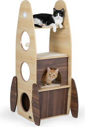 COSTWAY Kratzbaum in Raketenform aus Holz mit Katzenhaus, Plattformen, Sisal-Kratzmatte und Ball in Braun und Natur für Katzen – Bild 1 von 1