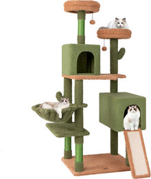 COSTWAY Kratzbaum Kaktus mit Plattformen, Spielzeug, Sisalpfosten, Leiter, Korb und 2 Katzenhöhlen aus Holz in Grün und Braun – Bild 1 von 1