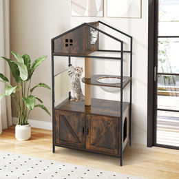 Costway Kratzbaum Katzenbaum als Möbel-Toilette in Braun mit Deckenspanner aus Metall – Bild 1 von 7