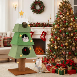 COSTWAY Kratzbaum Weihnachtsdesign Grün 162 cm mit 3 Katzenhöhlen und Spielzeugbällen für Katzen – Bild 1 von 1