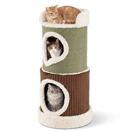 COSTWAY Kratztonne für Katzen mit 2 Katzenhöhlen und waschbarem Kissen Grün-Braun – Bild 1 von 1