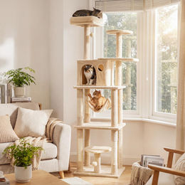 COSTWAY Mehrstöckiger Kratzbaum mit Sisalpfosten und Hängematte 168cm Katzenkletterturm mit Katzenhöhle und Spielbällen – Bild 1 von 1