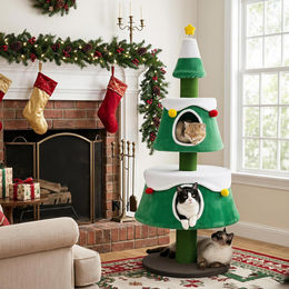 COSTWAY Weihnachtsbaum Kratzbaum für Katzen mit Katzenhöhle, Jute Kratzsäulen, waschbaren Kissen und Spielzeug, 156cm – Bild 1 von 1