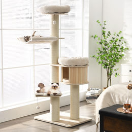 Costway XXL Kratzbaum aus Massivholz für Katzen in Beige mit Deckenspanner – Bild 1 von 13
