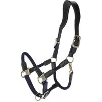 Produktbild von Covalliero Cordano Deluxe Pferdehalfter mit Leder-Genickriemen und Karabinerhaken in Dunkelblau für Ponys