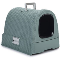 Produktbild von Curver Petlife Katzentoilette mit Deckel und Schaufel in Rattanoptik Grau-Blau