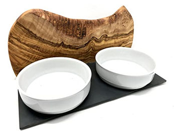 D.O.M. Die Olivenholz Manufaktur Futterstation Mountain 2-in-1 Futter- und Trinkstation aus Olivenholz mit 2 Porzellanschalen 0,9 Liter – Bild 1 von 7