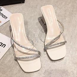 Produktbild von Damen Hausschuhe Sommer Dicker Absatz Einfache Mode Transparente Sandalen und Hausschuhe Tragen Quadratischen Kopf Halb Hausschuhe 40