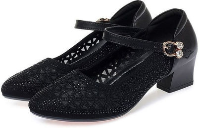 Produktbild von Damen-Pumps mit Strasssteinen, einzelne Pumps, Damen, elegant, Mesh, hohl, atmungsaktiv, weiche Sohle, dicker mittelhoher Absatz, Sandalen, Slipper 40 schwarz