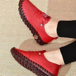 Produktbild von Damen Sneakers Vintage Atmungsaktive Flache Schuhe Plateau Loafer Schnürschuh Leder Slip-On Casual Mom Schuh 35 rot